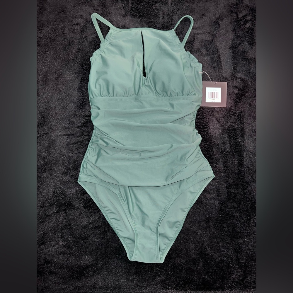 Ellen Tracy Women’s Dark Sage One Pc. Swimsuit, Keyhole/High Neck, Size 8, NWT